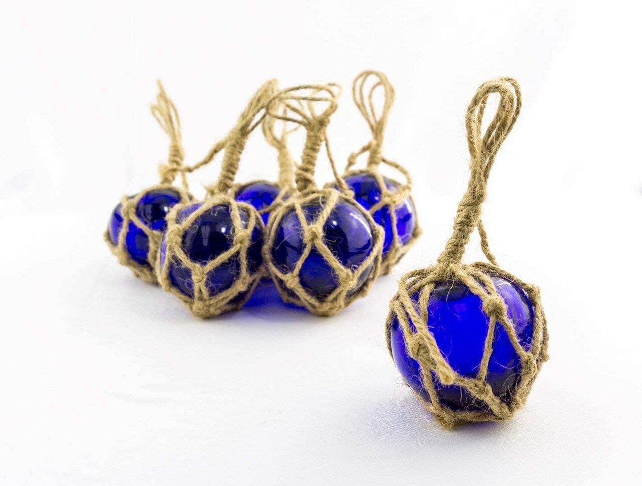 Glass Fishing Floats, 2&#x22; Cobalt Blue, 6 Pack, Japanese Glass Buoys with Rope for Decoration