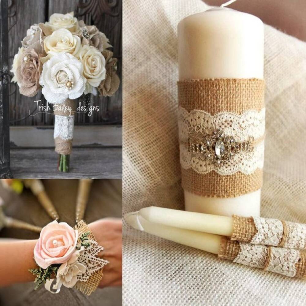 Burlap Ribbon with White Lace – 6 Rolls Rustic Ribbon for DIY Crafts, Candle Decor, Wedding & Party Decorations