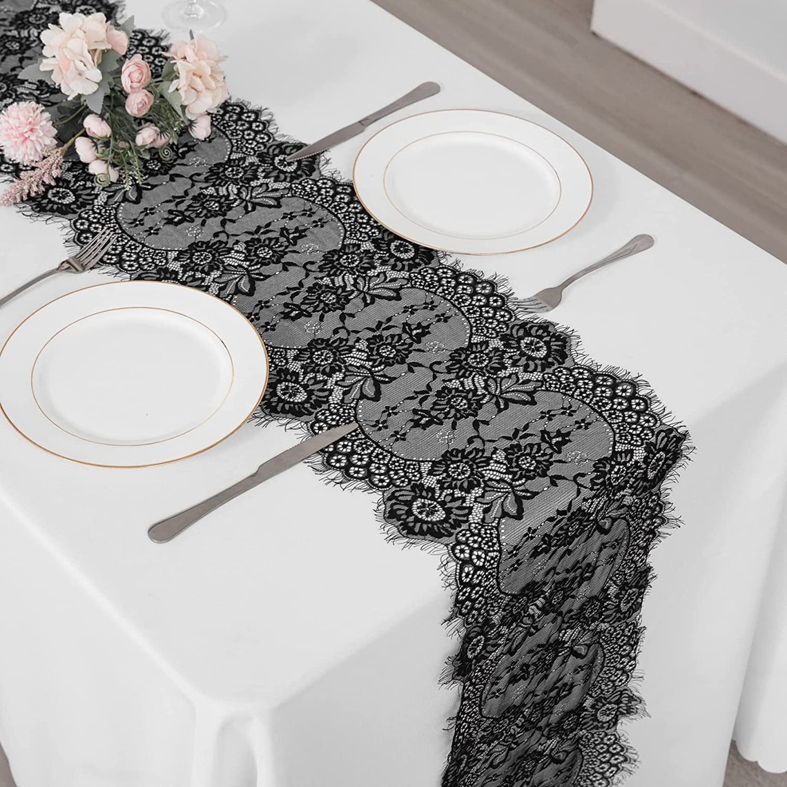 Lace Table Runner Vintage Black Lace Rustic Wedding Table Decor 14 x 120 inches Long