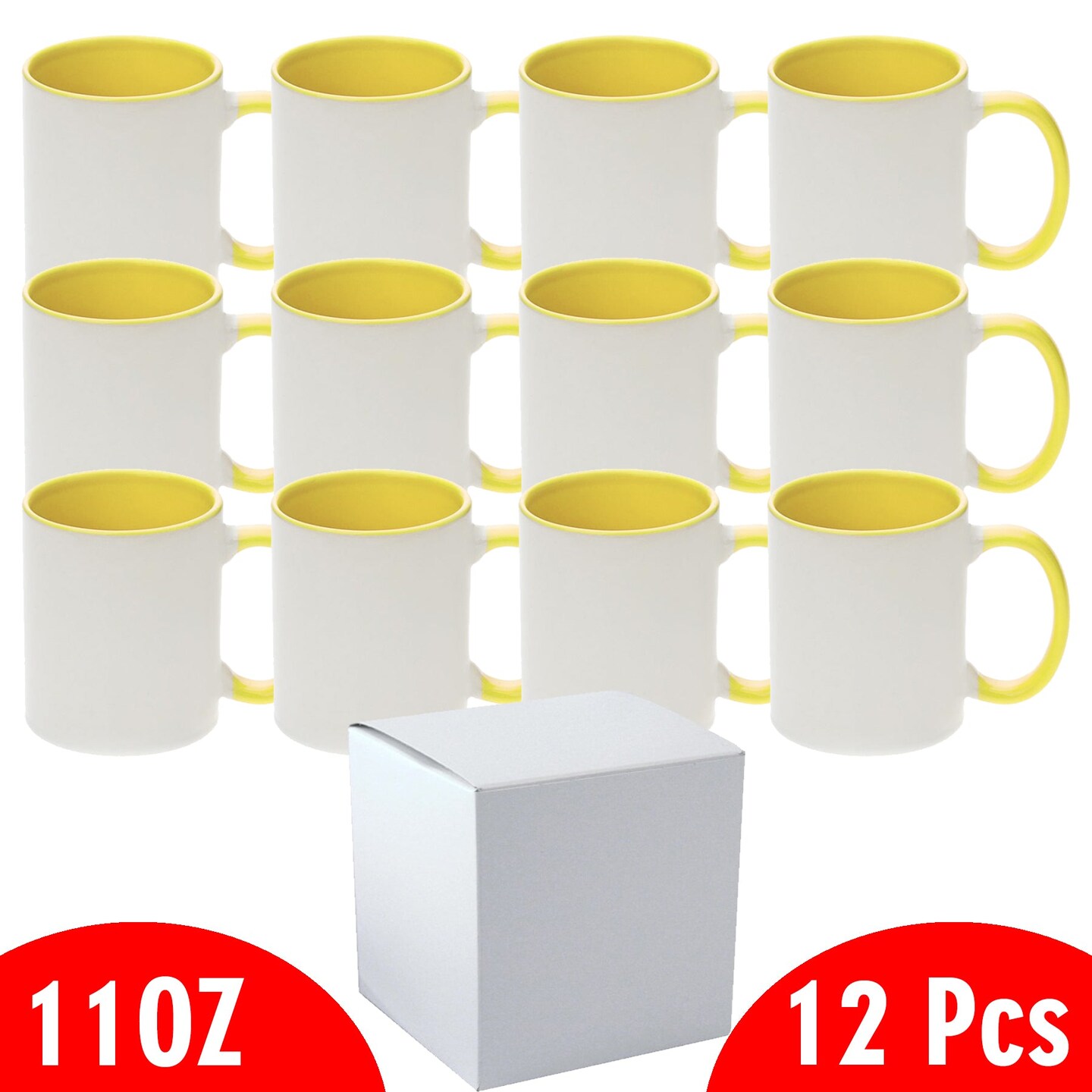 12 Pcs 11OZ Yellow Inner & Handle Sublimation Mugs With Individual White Boxes