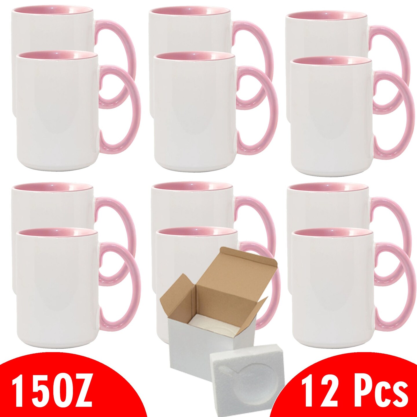 12 Pcs 15OZ El Grande Pink Inside & Handle Sublimation Mugs With Foam Support Boxes