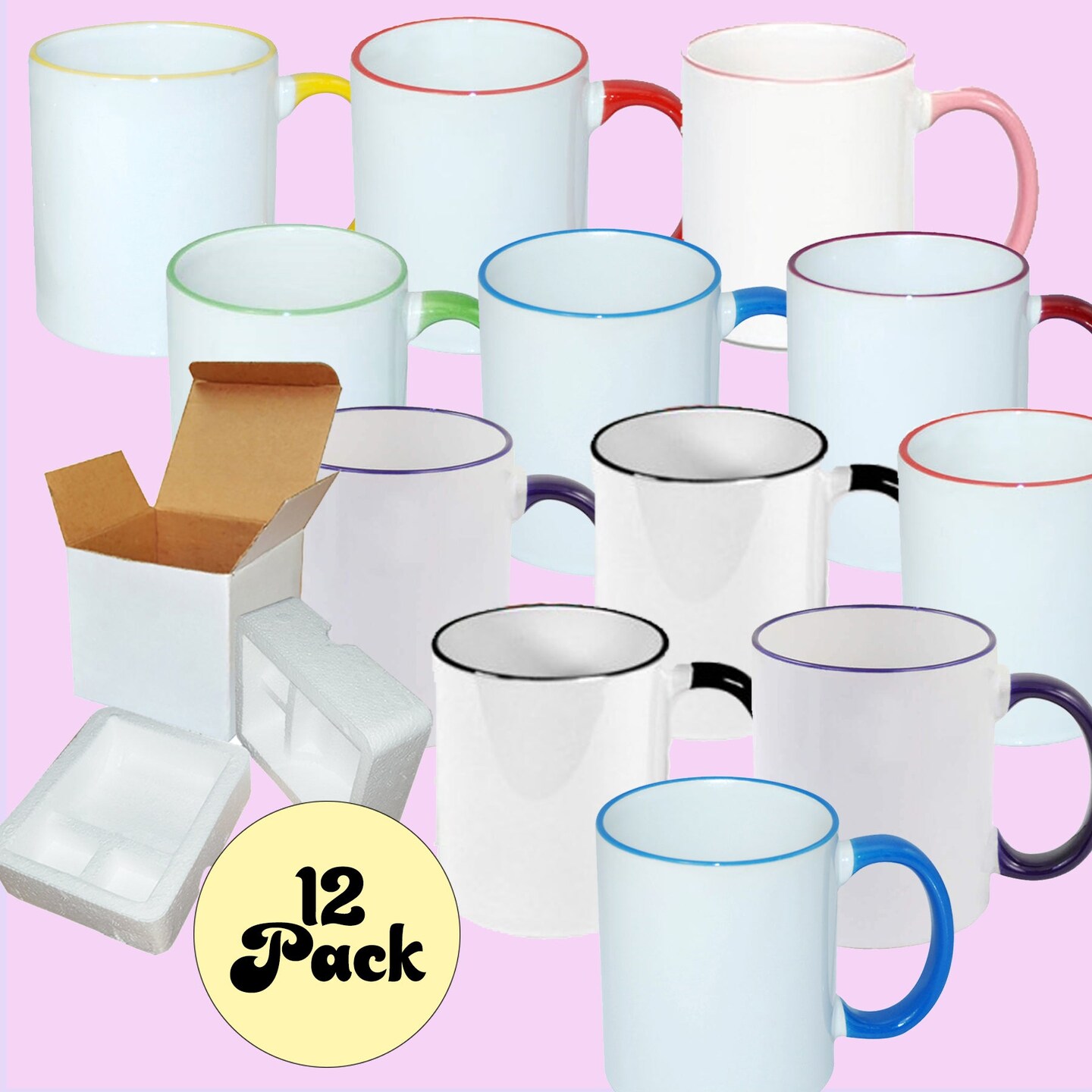 12 Pack 11 oz Mixed Rim Professional Grade Sublimation Mug- Sublimation Series - With Foam Support Shipping Box
