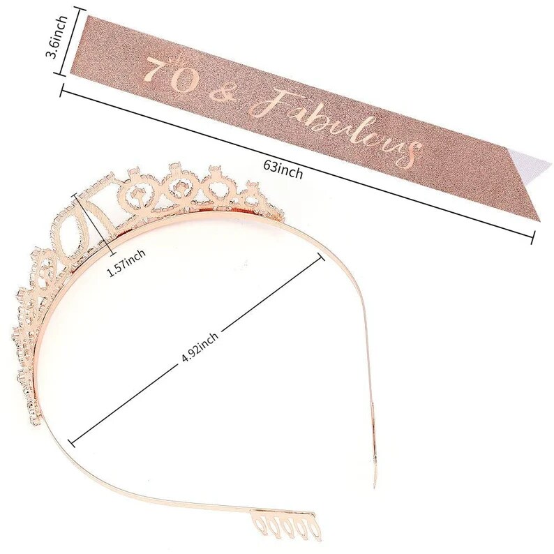 70th Birthday Tiara and Glitter Sash Rose Gold Woman
