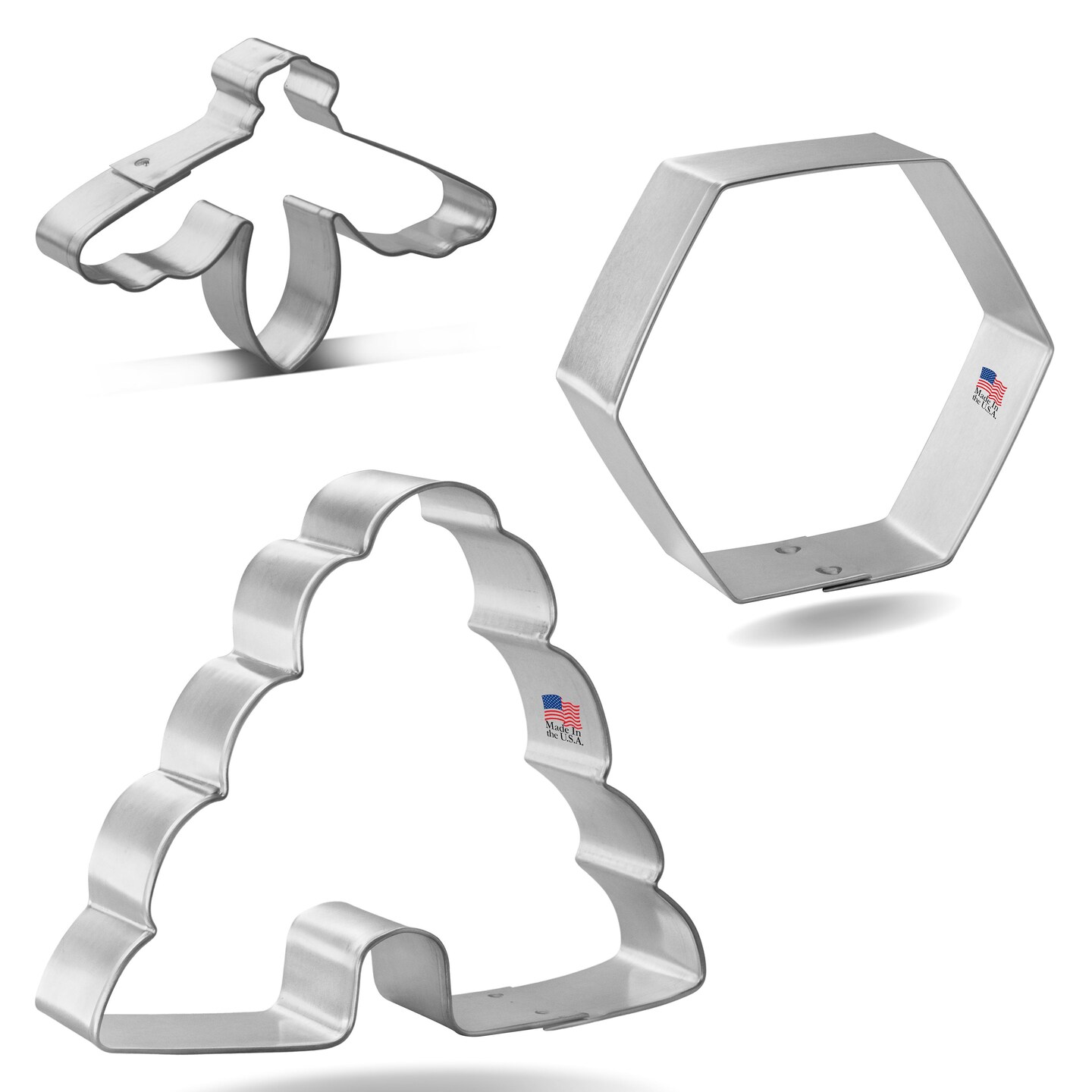 CookieCutter.com 3 Piece Summer Bee Hive Cookie Cutter Set Bee Hive, Mini Bumble Bee, Honey Comb Hexagon, Metal Shapes Made in USA, Silver