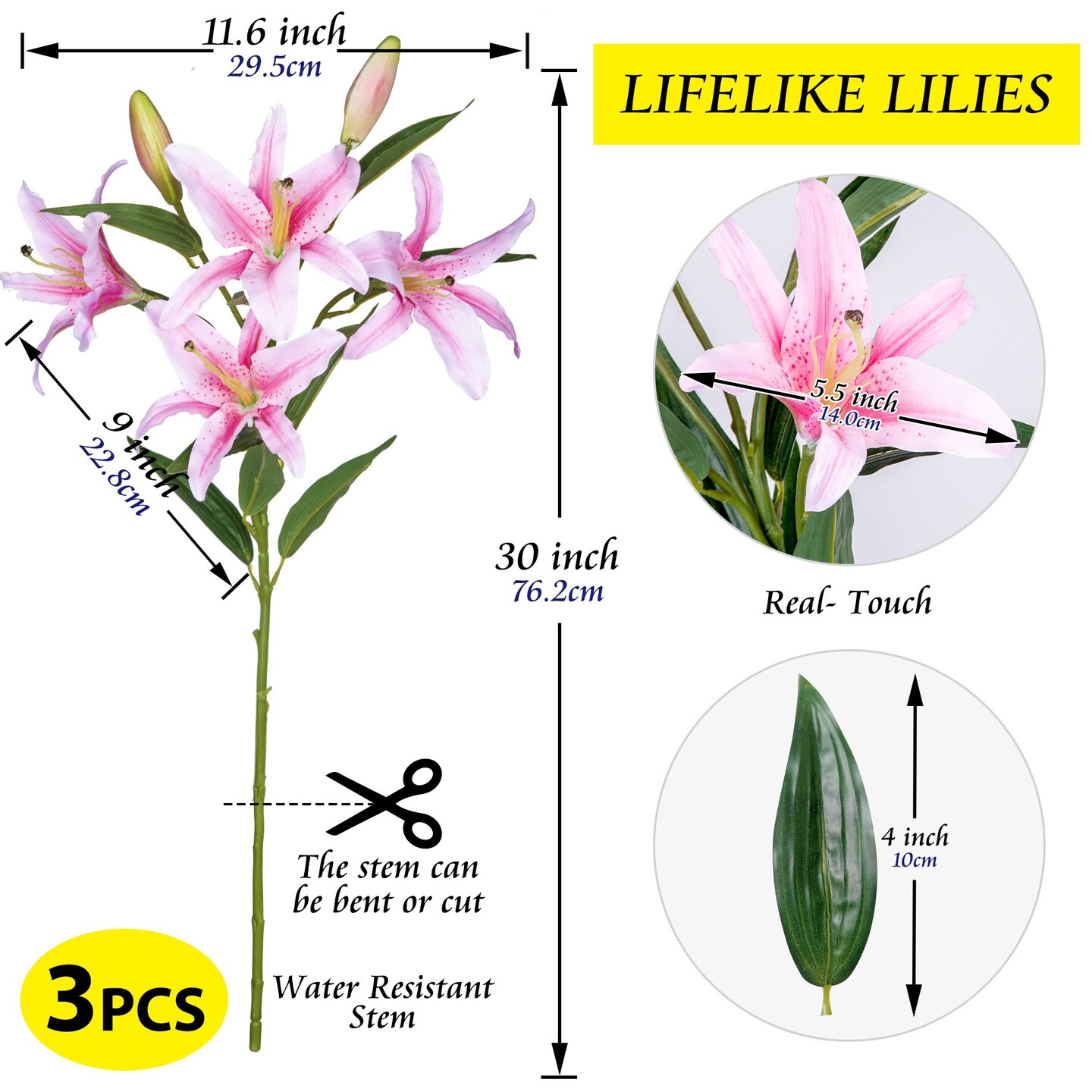 Grand Verde Lily Artificial Flowers Bouquet 30&#x201D; Tall Stems Dozen Blooming Silk Flower Heads, Wedding Decoration Indoor Office DIY Home Decor, 3pcs