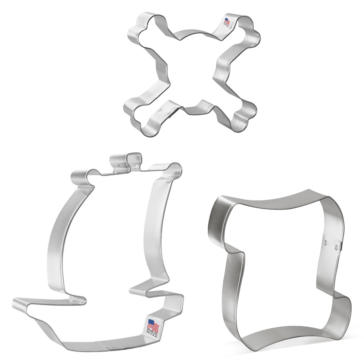 CookieCutter.com 3 Piece Birthday Pirate Cookie Cutter Set Pirate Ship, Skull and Crossbones, Scroll Letter, Metal Shapes Made in USA, Silver