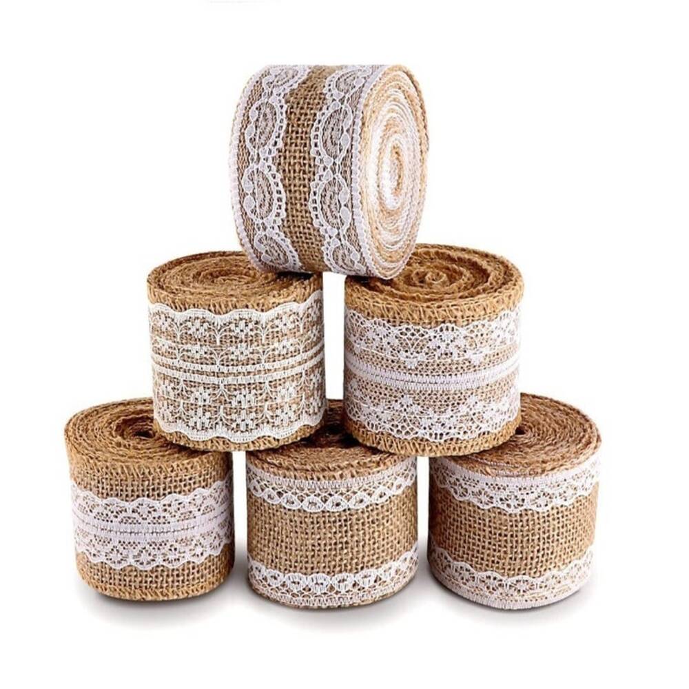 Burlap Ribbon with White Lace – 6 Rolls Rustic Ribbon for DIY Crafts, Candle Decor, Wedding & Party Decorations