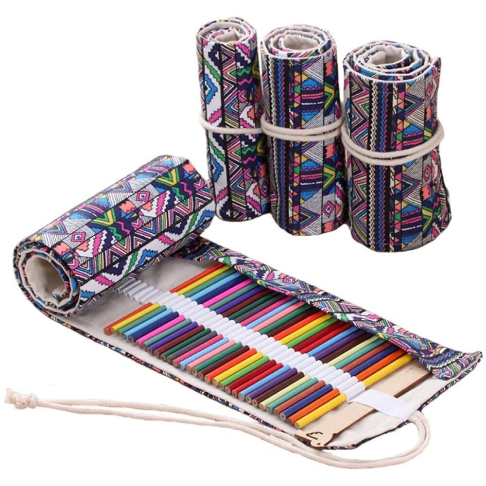 48 holes Canvas Pencil Wrap, Ethnic Style Roll Up Organizer Storage ...