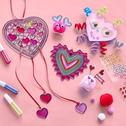 Valentine's Day heart-shaped kids crafts and supplies.