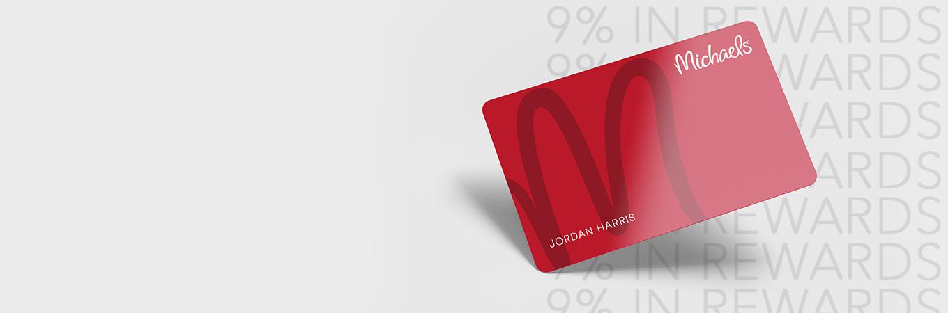 red michaels credit card on background with 9% in rewards repeated