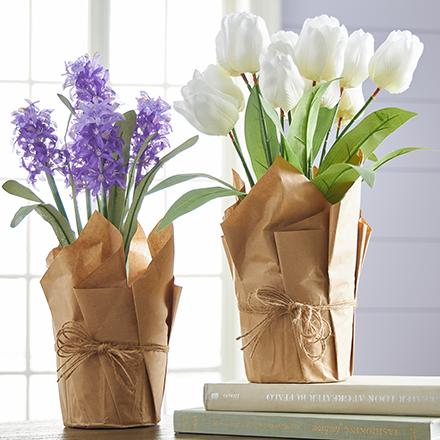 purple hyacinth and white tulip faux potted plants