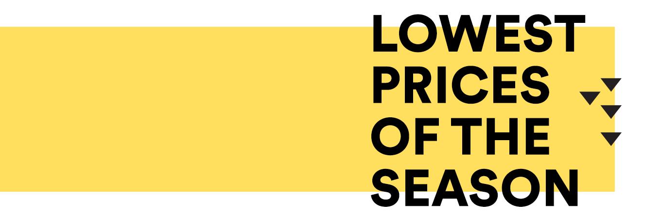 logo for Lowest Prices of the Season sale in black text on yellow background