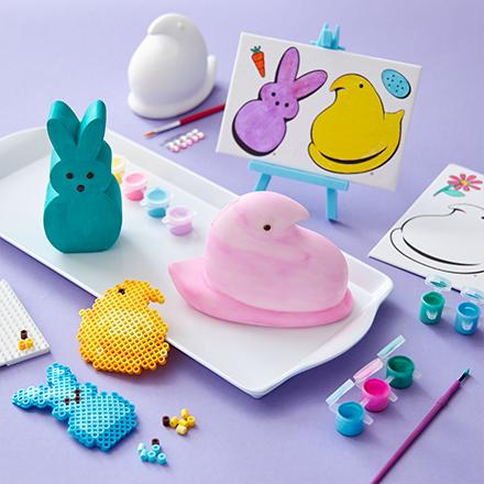 candy PEEPS with craft activities on purple table