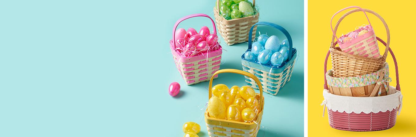 wicker Easter baskets with plastic eggs and baskets stacked large to smalll