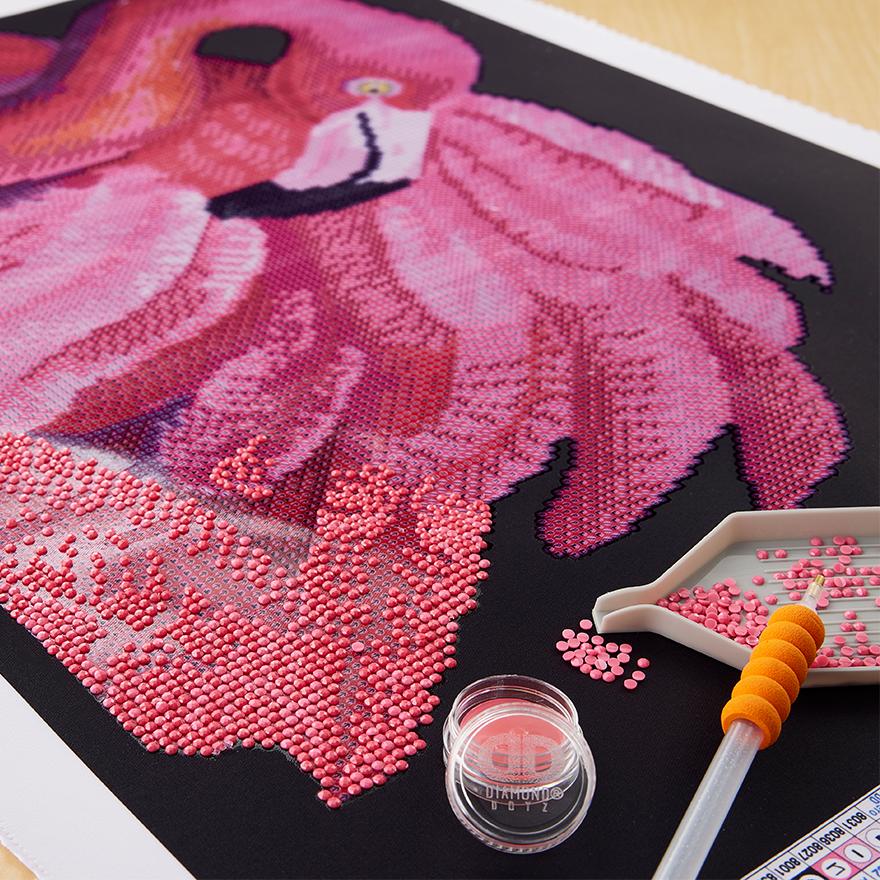 pink flamingo diamond painting project in progress