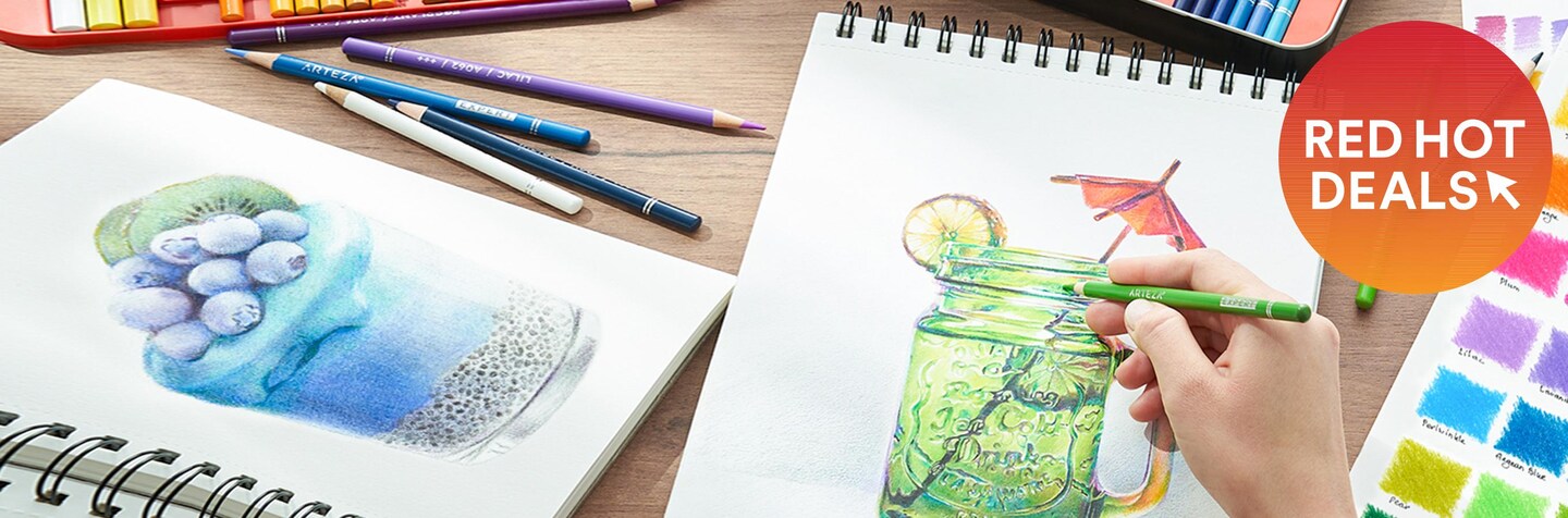 hand drawing summer drinks with colored pencils on paper pads