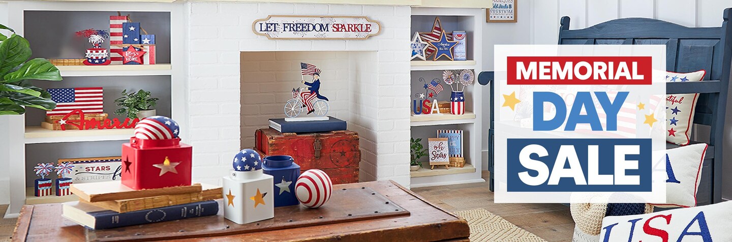 living room with patriotic décor and Memorial Day Sale logo