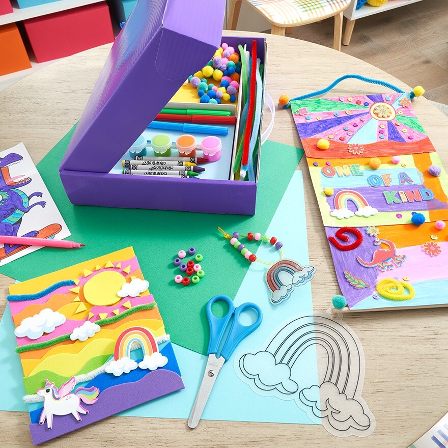 kids craft supply kit with activities on table