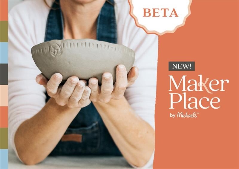 hands holding clay bowl with New MakerPlace by Michael logo in orange banner
