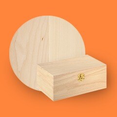 Wood circle and wood box on an orange background