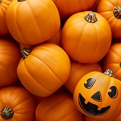 a group of pumpkins and one has a Halloween pumpkin face drawn on it