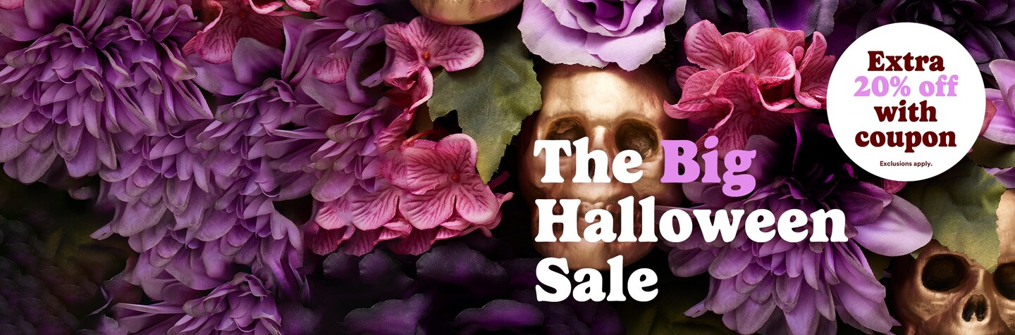 gold skulls in purple and pink faux flowers with The Big Halloween Sale logo and bubble with text "Extra 20% Off  with coupon. Exclusions apply."