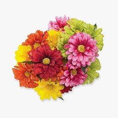 faux flowers in red, yellow, pink and green