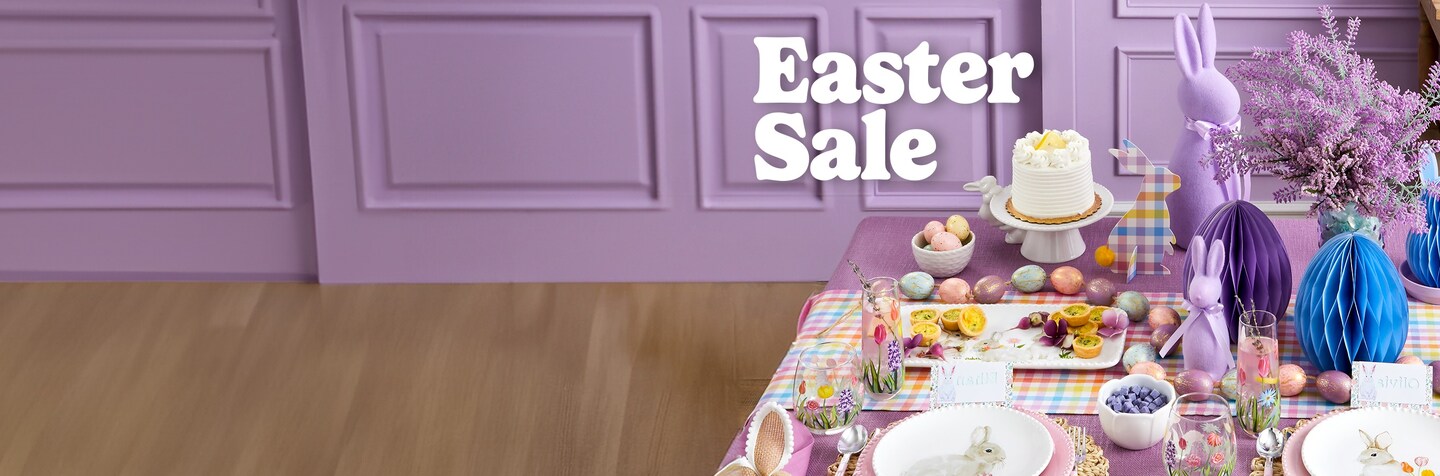 purple themed Easter tablescape with Easter Sale in white text