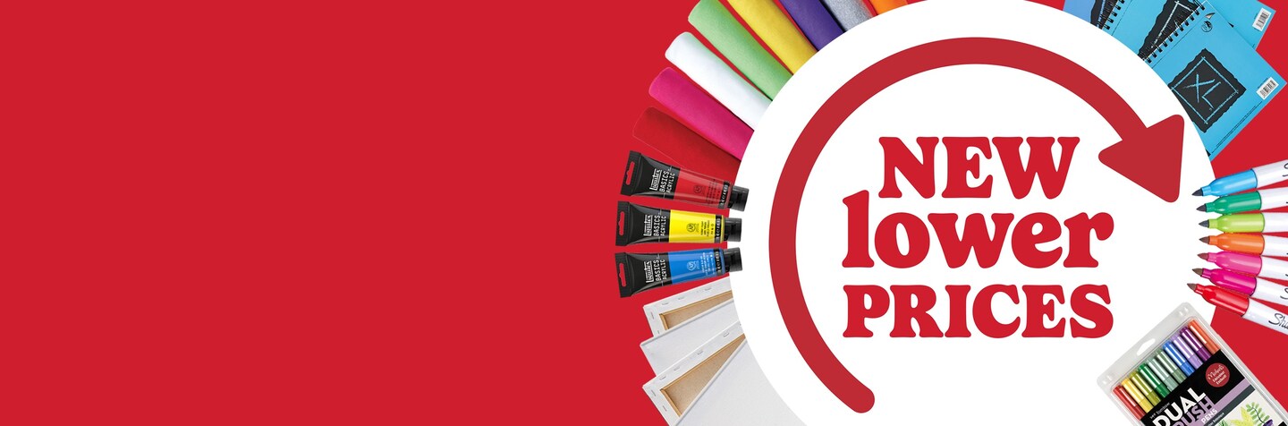 New lower prices logo with assorted art supplies on red background
