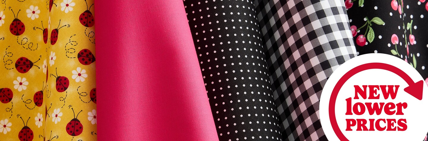 yellow, pink and black patterned fabric with New Lower Prices logo