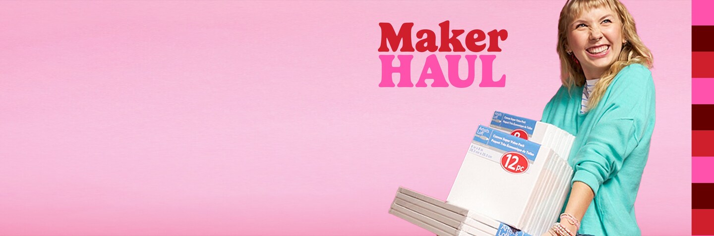 blonde woman holding packs of canvas with Maker Haul logo