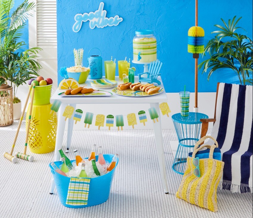 blue and green patio décor with crochet and drinks
