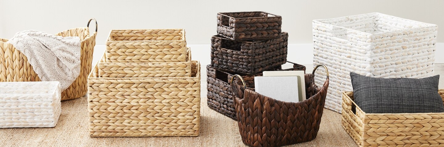 Brown, grey and white storage baskets