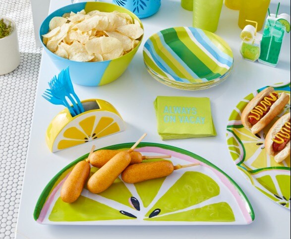 lime plate with blue and green tableware