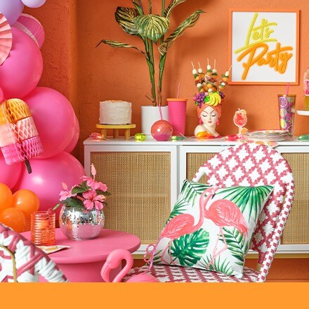 pink and orange themed balloons and party décor