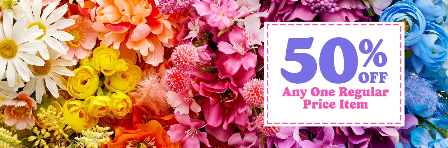 50% off any one regular price item with floral background