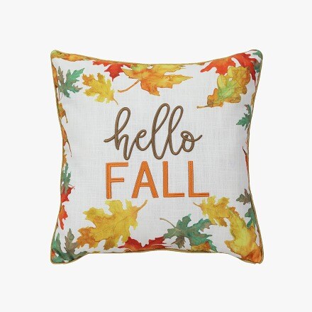 Fall inspired square pillow with the words "Hello Fall" with some fall leaves in the border
