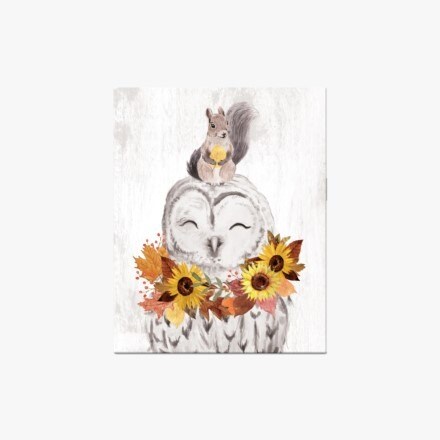 Canvas with an Owl and a Squirrel with sunflowers