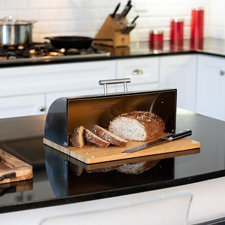Bread Box with Bamboo Cutting Board in a Kitchen countertop
