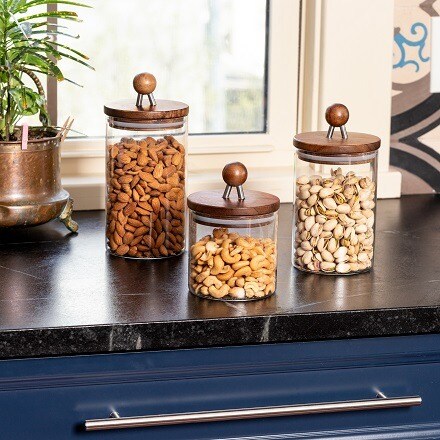 Glass Kitchen Canister Set with brown lids