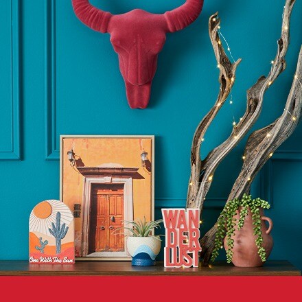 desert themed decor in front of teal wall with pink bull head
