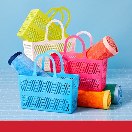 jelly totes and pool towels in bright colors