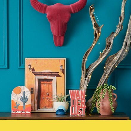 desert themed décor in front of teal wall
