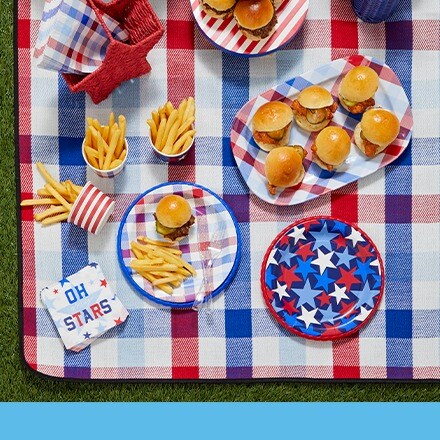 patriotic picnic blanket with food and star plates