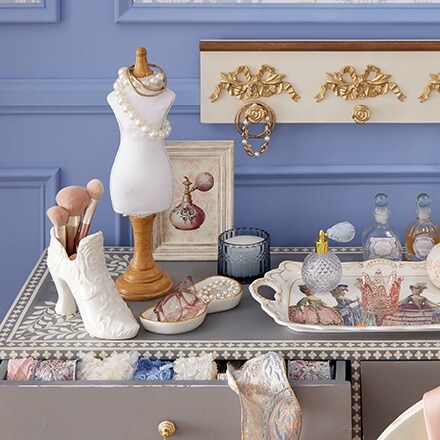 French Manor collection. French inspired tabletop items in pastel colors pink, purple and blue.