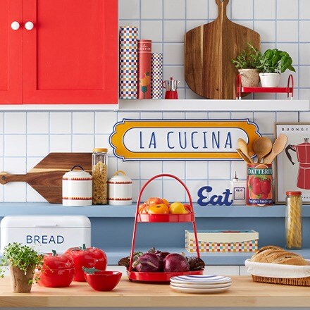 Italian Kitchen collection. Bowls and kitchen items in bright Blue, Red and Yellow colors.