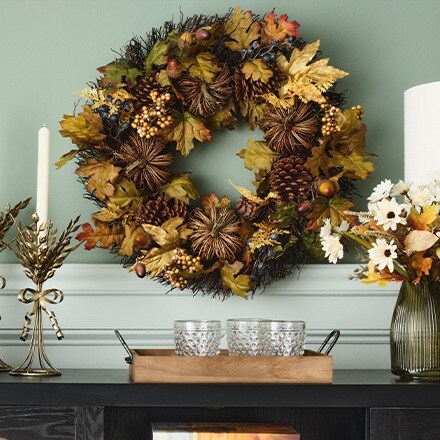 Give Thanks Collection: Floral wreath with green, brown and yellow leaves