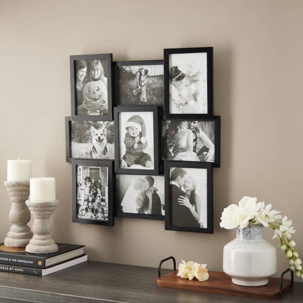 Black 9-opening collage frame filled with black & white images