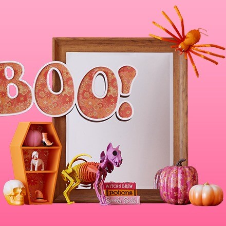 pink and orange hippie halloween decor Boo