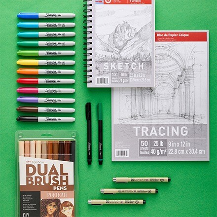 drawing utensils and sketch pads